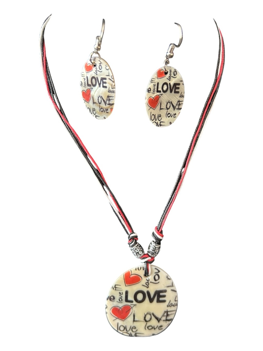 Love Heart Pendant Necklace and Earrings Set - Red & Black